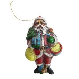 Vintage 4" Santa Figurine Ornament Holding Toys & White Bag